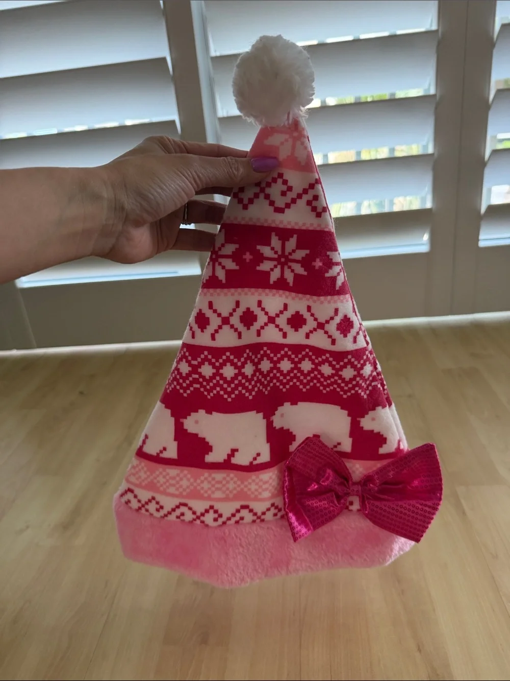 Pink Holiday Polar Bear Pom Pom Hat with Bow